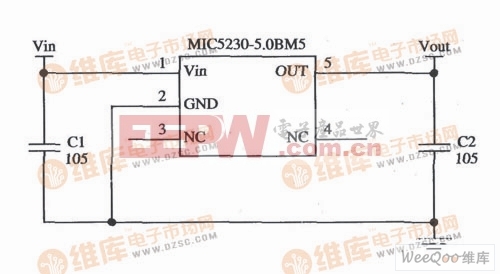 用MIC5230组成的输入为6～16V、输出为5V的电路
