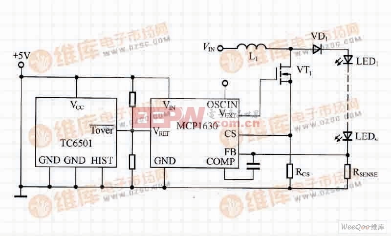 利用TC6501开路漏极输出控制带电流设置点的电路