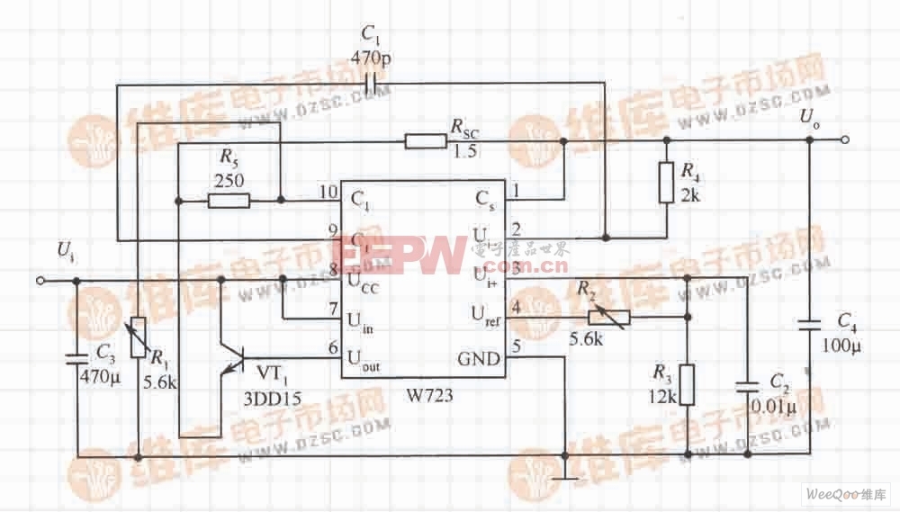 由W723构成的低电压并带有限流功能的扩流应用电路
