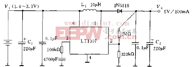 利用LT1307构成的低成本DC/DC变换器电路图
