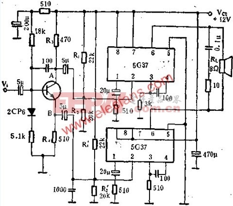 5G37音频功率放大电路接成BTL放大电路图