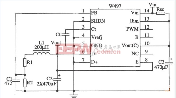 基于W497构成的降压型开关稳压器电路图