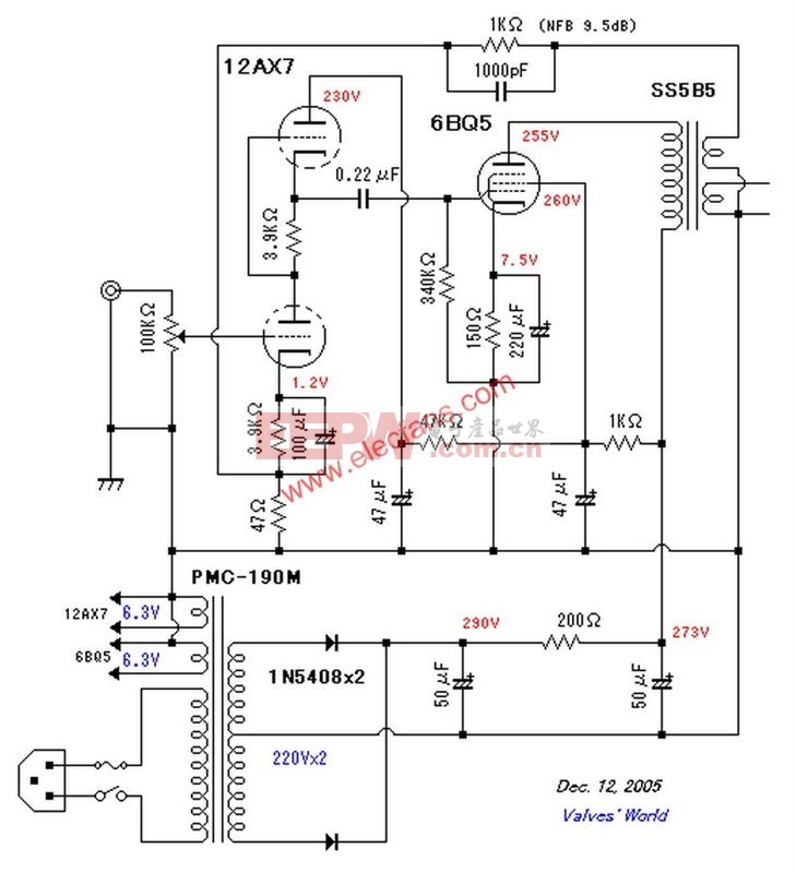 6BQ5电子管功率放大器电路图