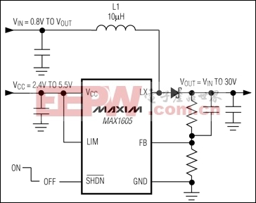 MAX1605内置30V开关的LCD偏置电源的应用电路介绍