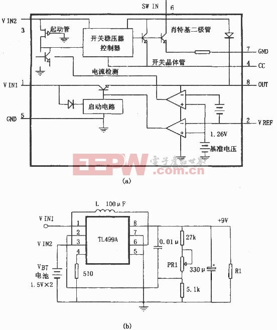 TL499A組成的升壓型穩(wěn)壓電源和電池后備電源電路