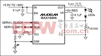 图1. 350mA线性HB LED驱动器IC MAX16806能够省去微控制器或开关模式转换器