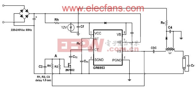 用GR6953制作的预热及无灯电子镇流器电路图 www.elecfans.com