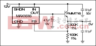 Figure 1. An external emitter-follower increases the output current while maintaining the low quiescent current of this LDO regulator.