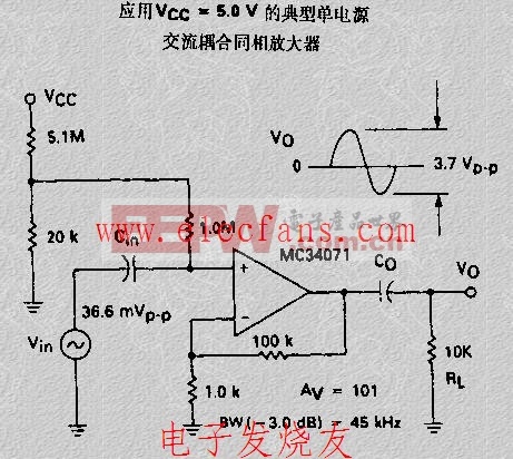 应用VCC=5V的典型单电源交流耦合同相放大器