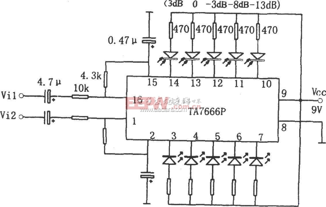 TA7666P双路五位LED电平显示驱动电路原理图