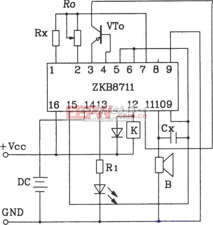 ZKB8711构成的恒温自动控制报警电路图
