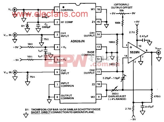 宽带电压控制放大器AD539JN应用电路图
