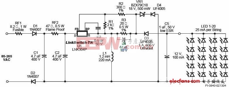 LNK304非隔离LED驱动电路