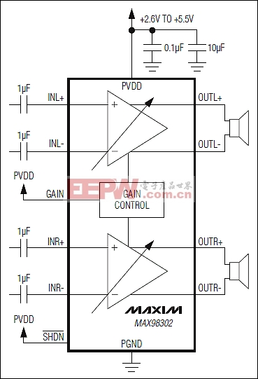 立体声2W D类放大器MAX98302特点及应用电路