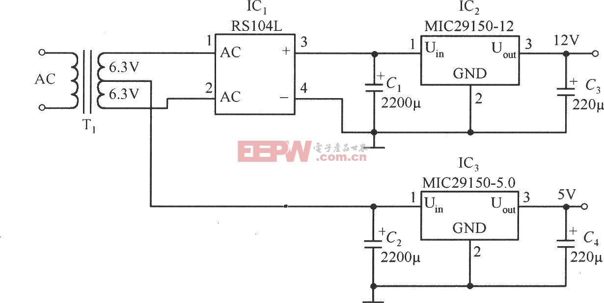 MIC29150-12和MIC29150-5.0穩壓器構成的低成本的雙路輸出的穩壓