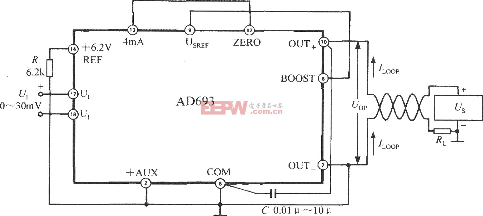 由多功能传感信号调理器AD693构成0～ 30mV单极性输入、4～20mA输