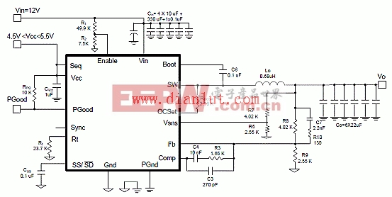 IR3859应用电路图:输入12V,输出1.8V/9A POL转换器