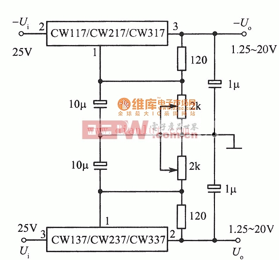 CW137组成的可调正、负输出电压集成稳压电源电路