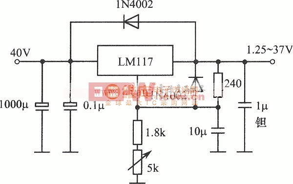 LM117构成的1.25～37V、1.5A可调稳压电源电路