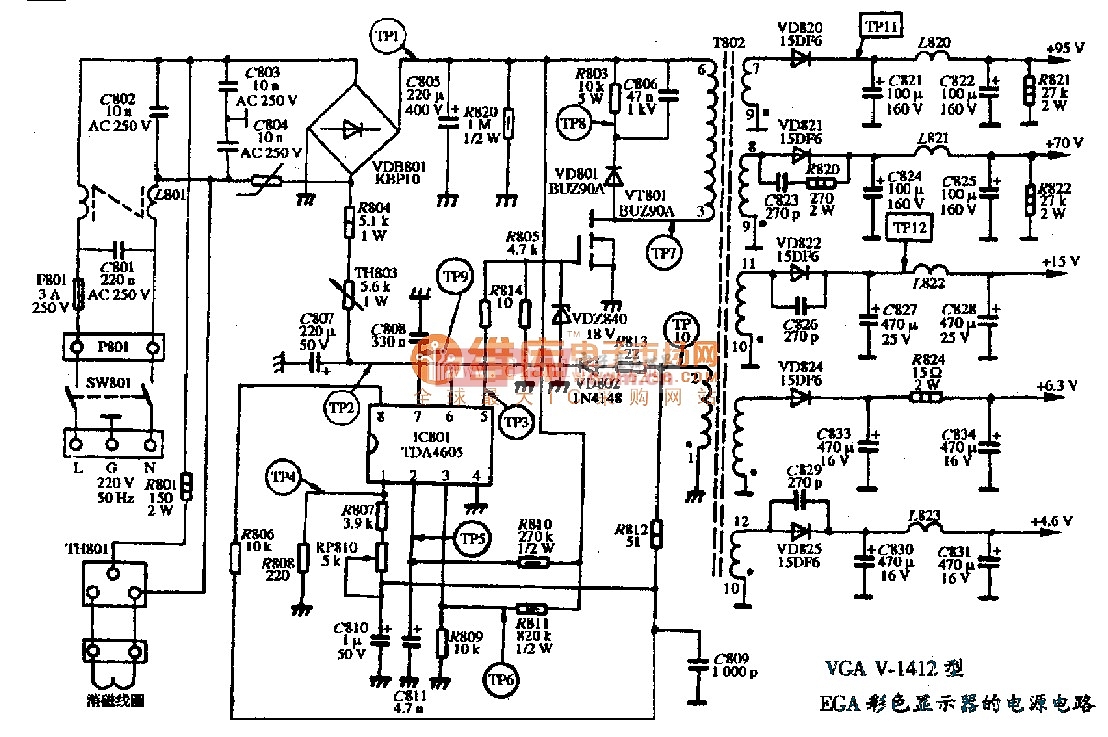 VGA V-1412型EGA彩色显示器的电源电路