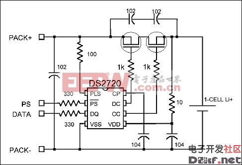 图7. DS2720锂电池保护IC的典型应用电路