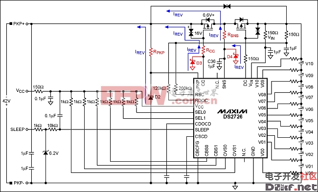 图1. 对DS2726典型应用电路进行修改，使其在充电器反接时免于损坏。
