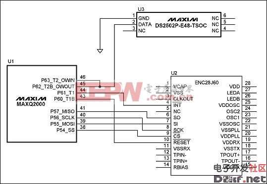 图1. MAXQ2000微控制器和SPI至以太网转换之间的电路连接原理图