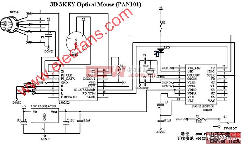 SMC522芯片的鼠标电路图(PS/2普通3D鼠标)