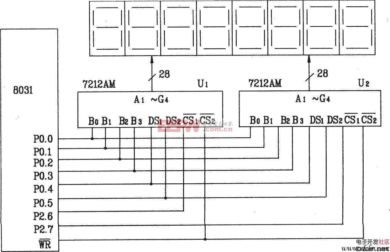 ICM7212AM 4位并行显示/译码/驱动器(硬件译码)构成的8位静态LED显示器电路图