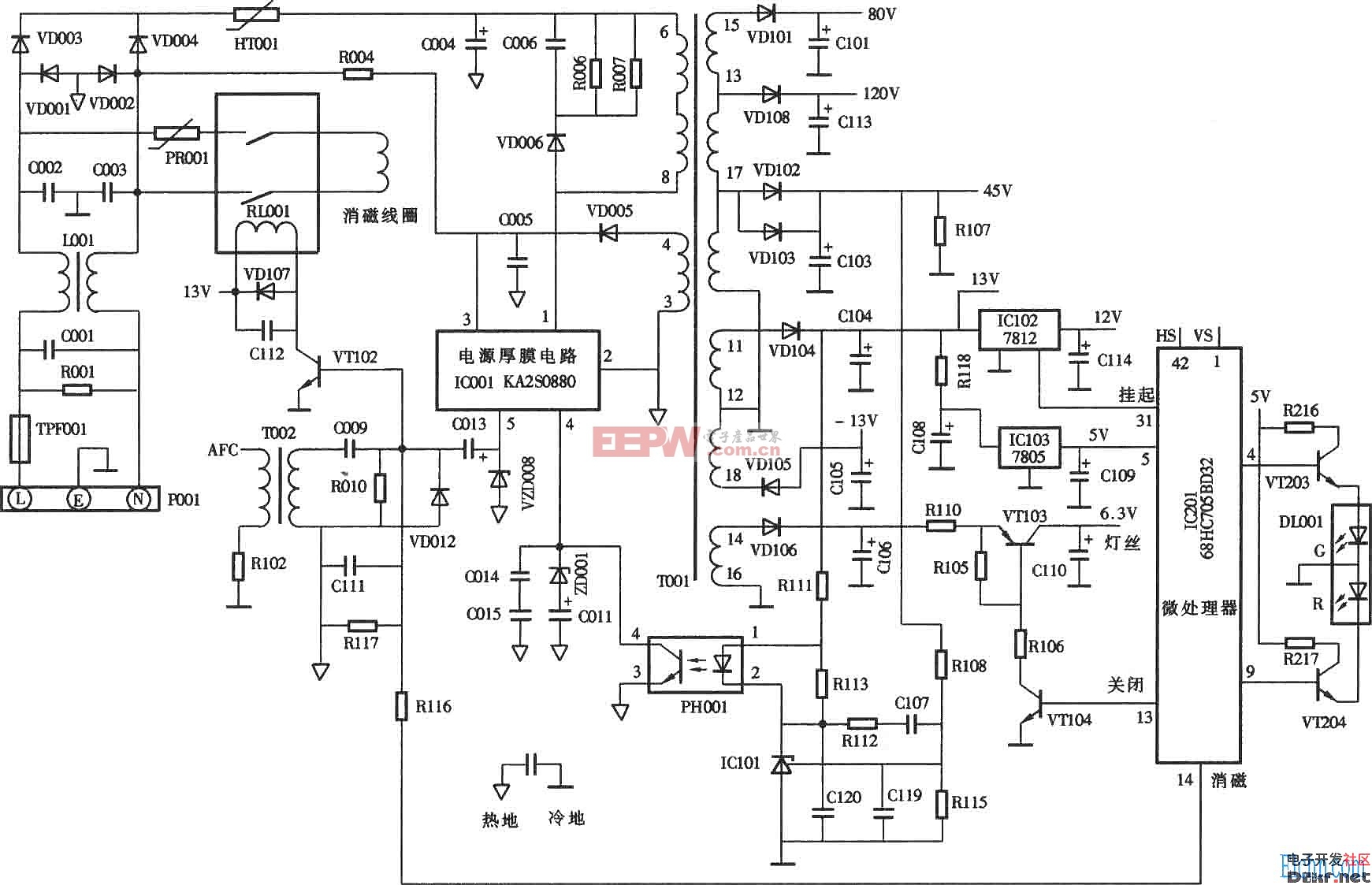 DAEW00(大宇)CMC-7108型17英寸彩显开关电源(KA2S0880)电路