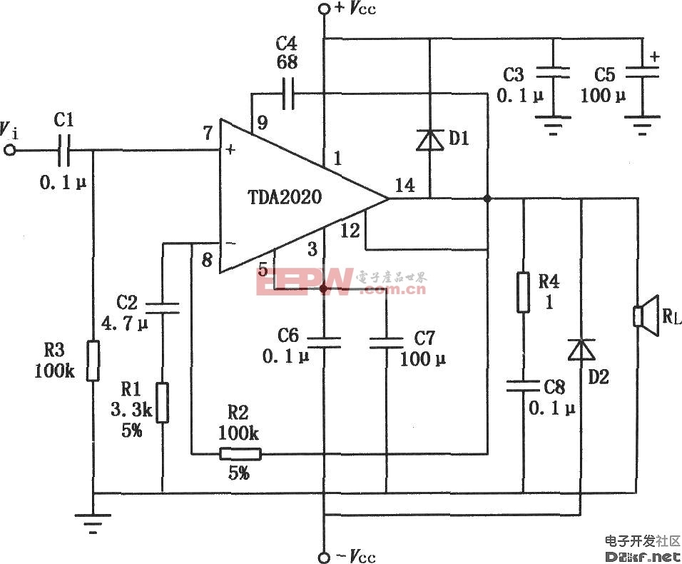 20W Hi—Fi音频功率放大器TDA2020的典型应用电路