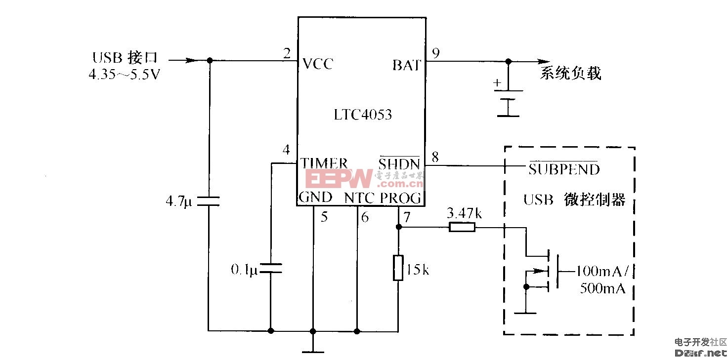 典型LTC4053 USB接口锂离子电池充电器电路