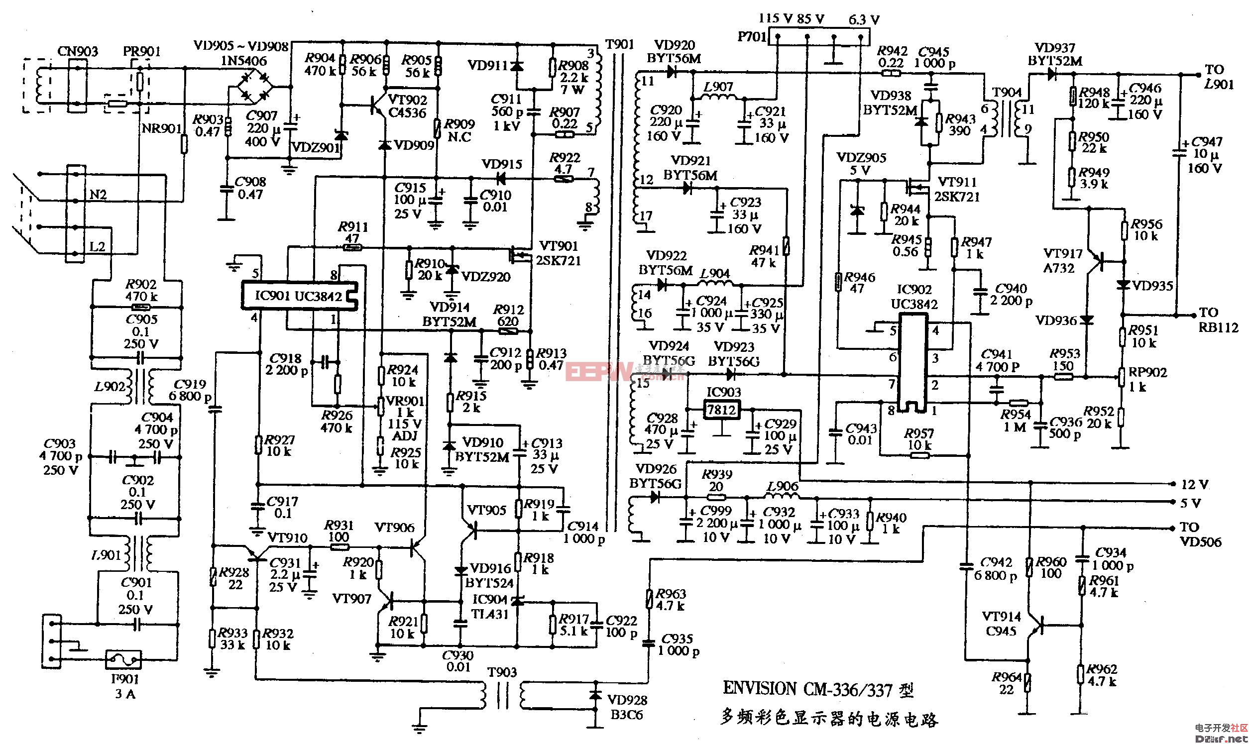 ENVISION CM-336/337型多频彩色显示器的电源电路图