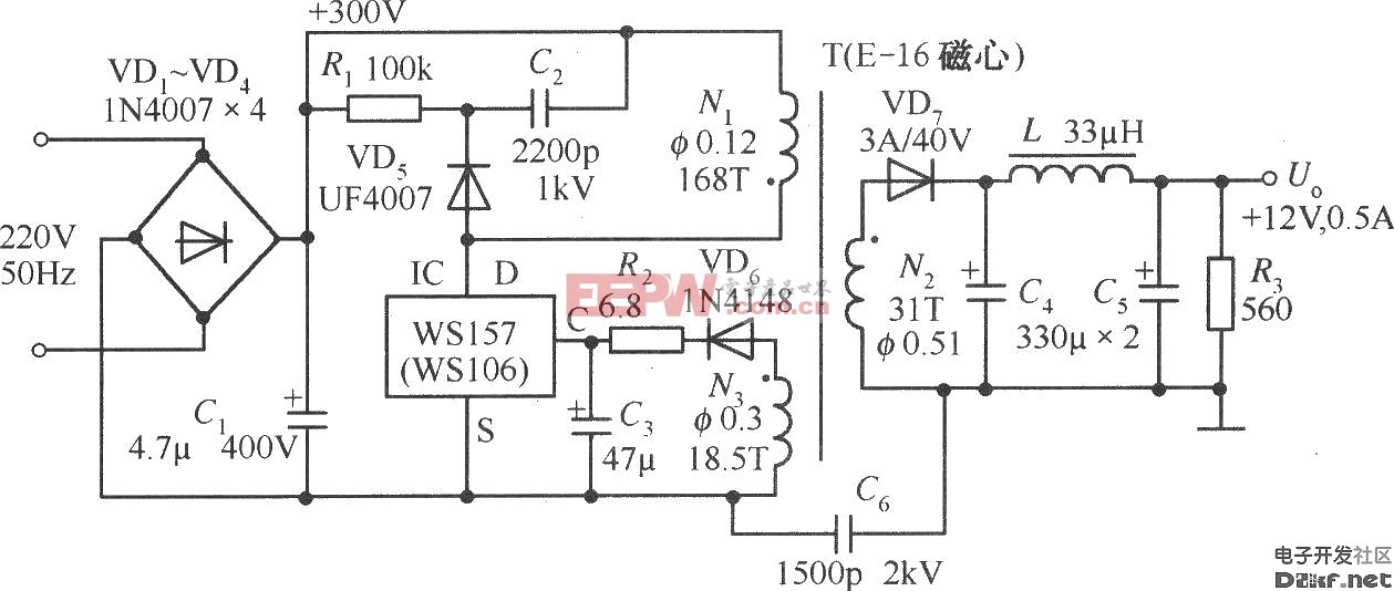 WS157构成的 12V、0.5A单片开关稳压电源电路