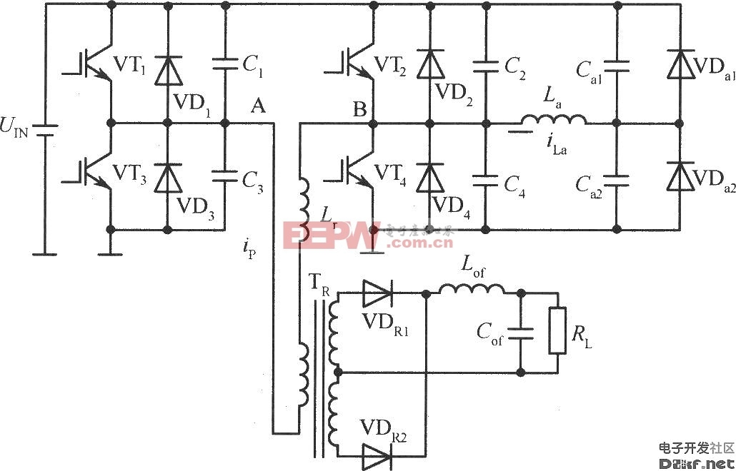 移相控制零电压PWM DC/DC全桥变换器主电路原理图