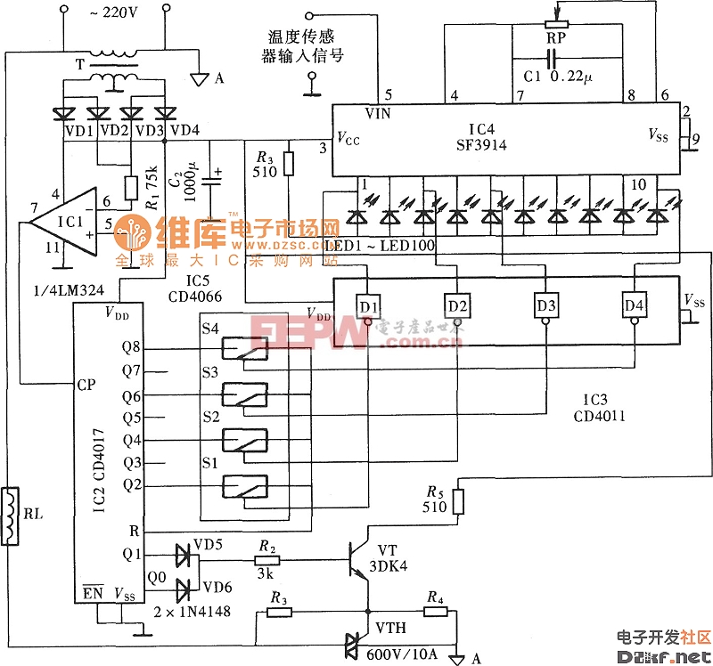 自动调功式温控器(SF3914、CD4066、CD4017)电路