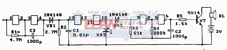 CD4069制作感应验电器电路图CD4069 Electroscope