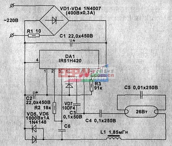 IR51H420驱动的电子镇流器电路图IR51H420 Electronic ballast circuit