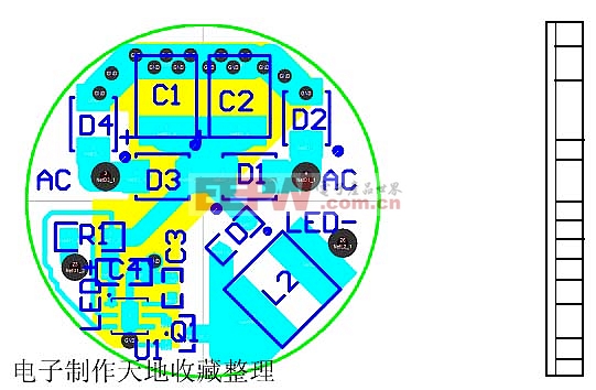 图6：5W MR16 LED灯驱动电路的PCB版图。