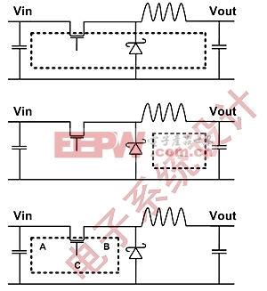 图2：在开关稳压器中找出交流电流走线。(电子系统设计)