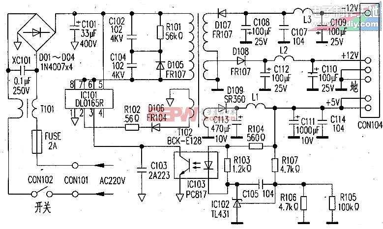 采用DL0165R芯片的影碟机电源电路图DL0165R DVD PLAYER POWER SUPPLY