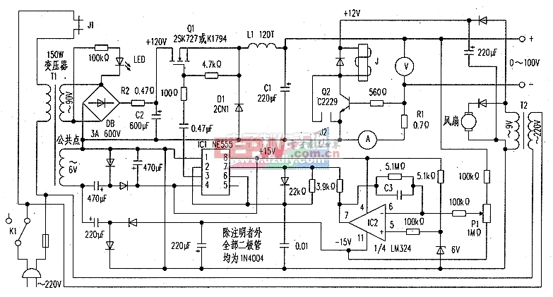 0V～100V/1A高压可调稳压电源电路图High-voltage power supply