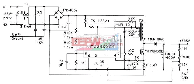 MC34262通用输入180W，385V输出功率因数校正电路-----MC34262 PFC controller