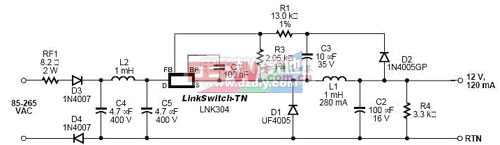 LNK304通用12V120毫安非隔离电源