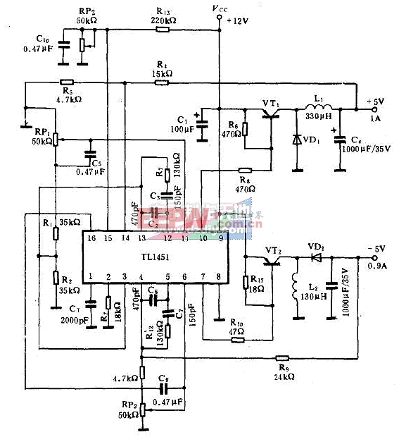 TL1451无变压器电源变换，输入12V，输出正负5V  TL1451 STEP DOWN CONVERTER