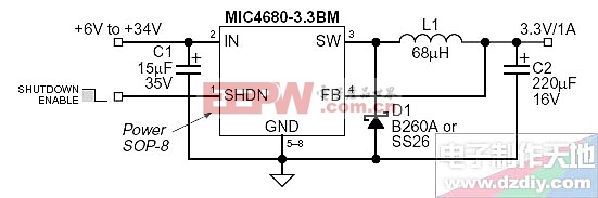 MIC4680 +6 to +34 input 3.3V/1A output power converter