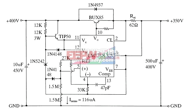 LM723N高压稳压电路，输入400V，输出350V LM723 High-voltage power supply