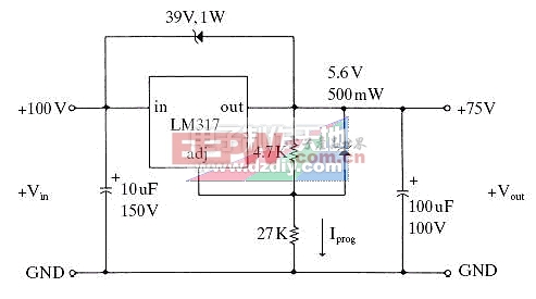 LM317高压稳压电源，输入100V,输出75V。LM317 High-voltage power supply