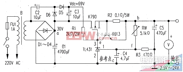 由TL431组成的可调稳压电源电路图TL431 Adjustable power supply
