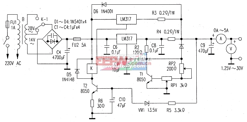 由LM317组成的可调稳压电源电路图LM317 Adjustable power supply